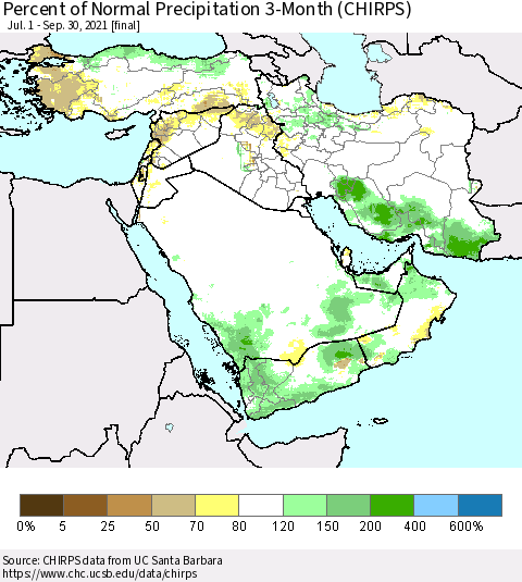 Middle East and Turkey Percent of Normal Precipitation 3-Month (CHIRPS) Thematic Map For 7/1/2021 - 9/30/2021