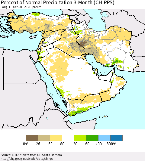 Middle East and Turkey Percent of Normal Precipitation 3-Month (CHIRPS) Thematic Map For 8/1/2021 - 10/31/2021