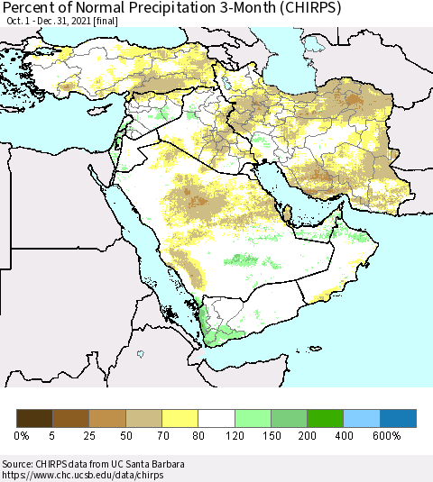 Middle East and Turkey Percent of Normal Precipitation 3-Month (CHIRPS) Thematic Map For 10/1/2021 - 12/31/2021
