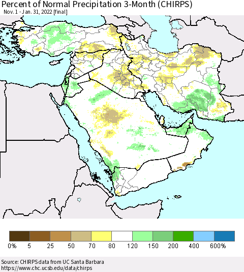 Middle East and Turkey Percent of Normal Precipitation 3-Month (CHIRPS) Thematic Map For 11/1/2021 - 1/31/2022