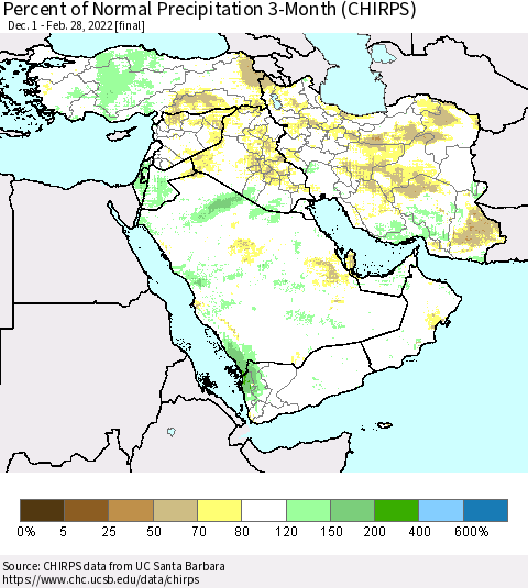 Middle East and Turkey Percent of Normal Precipitation 3-Month (CHIRPS) Thematic Map For 12/1/2021 - 2/28/2022