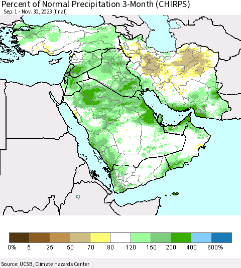 Middle East and Turkey Percent of Normal Precipitation 3-Month (CHIRPS) Thematic Map For 9/1/2023 - 11/30/2023