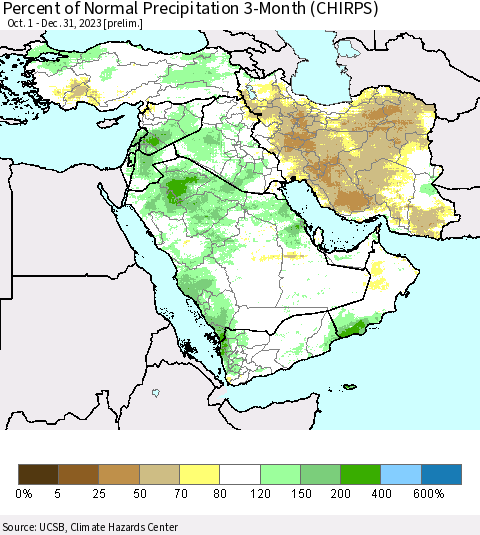 Middle East and Turkey Percent of Normal Precipitation 3-Month (CHIRPS) Thematic Map For 10/1/2023 - 12/31/2023