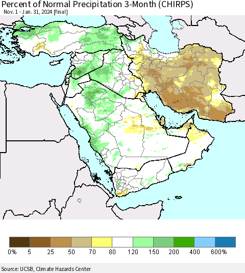 Middle East and Turkey Percent of Normal Precipitation 3-Month (CHIRPS) Thematic Map For 11/1/2023 - 1/31/2024