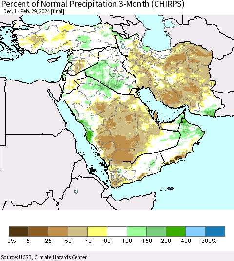 Middle East and Turkey Percent of Normal Precipitation 3-Month (CHIRPS) Thematic Map For 12/1/2023 - 2/29/2024