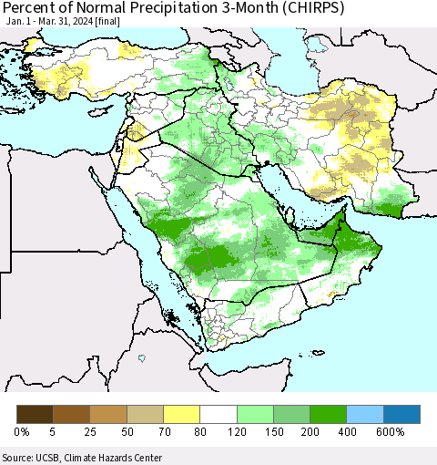 Middle East and Turkey Percent of Normal Precipitation 3-Month (CHIRPS) Thematic Map For 1/1/2024 - 3/31/2024
