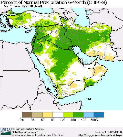 Middle East and Turkey Percent of Normal Precipitation 6-Month (CHIRPS) Thematic Map For 4/1/2018 - 9/30/2018