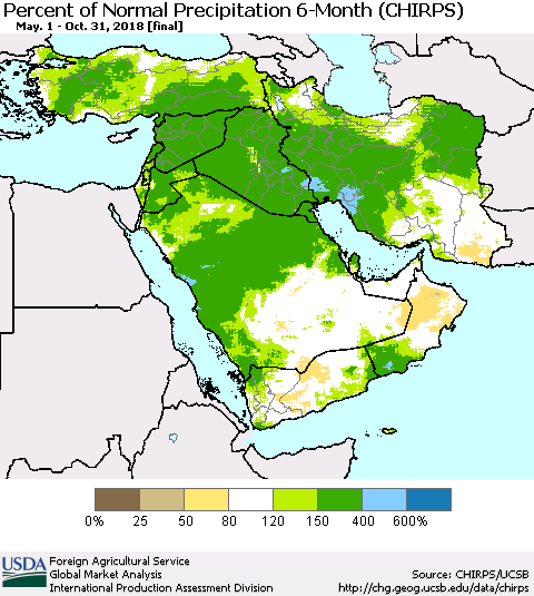 Middle East and Turkey Percent of Normal Precipitation 6-Month (CHIRPS) Thematic Map For 5/1/2018 - 10/31/2018