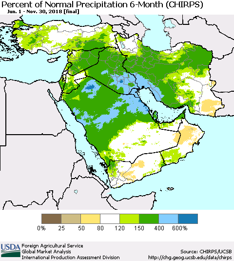 Middle East and Turkey Percent of Normal Precipitation 6-Month (CHIRPS) Thematic Map For 6/1/2018 - 11/30/2018