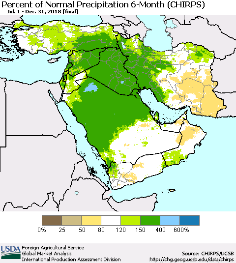 Middle East and Turkey Percent of Normal Precipitation 6-Month (CHIRPS) Thematic Map For 7/1/2018 - 12/31/2018