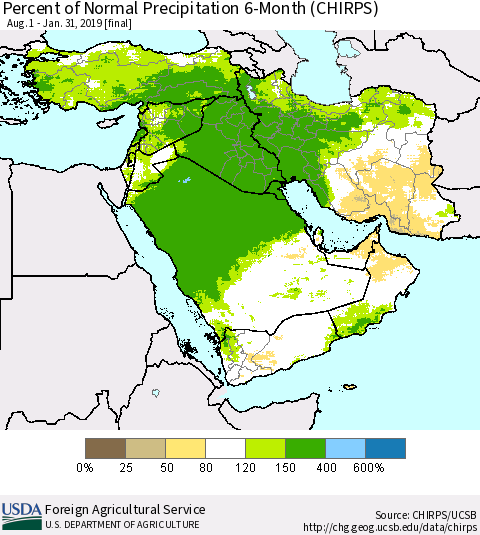 Middle East and Turkey Percent of Normal Precipitation 6-Month (CHIRPS) Thematic Map For 8/1/2018 - 1/31/2019