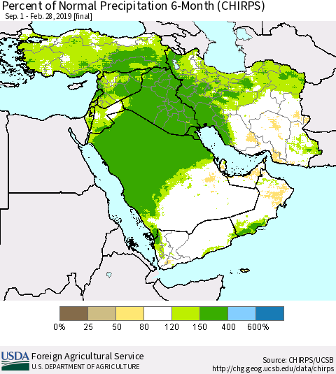 Middle East and Turkey Percent of Normal Precipitation 6-Month (CHIRPS) Thematic Map For 9/1/2018 - 2/28/2019