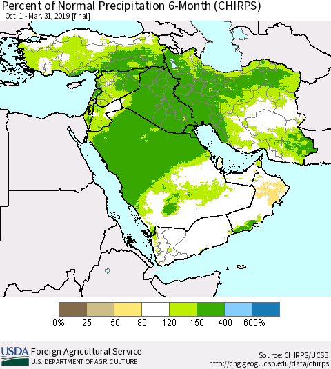 Middle East and Turkey Percent of Normal Precipitation 6-Month (CHIRPS) Thematic Map For 10/1/2018 - 3/31/2019