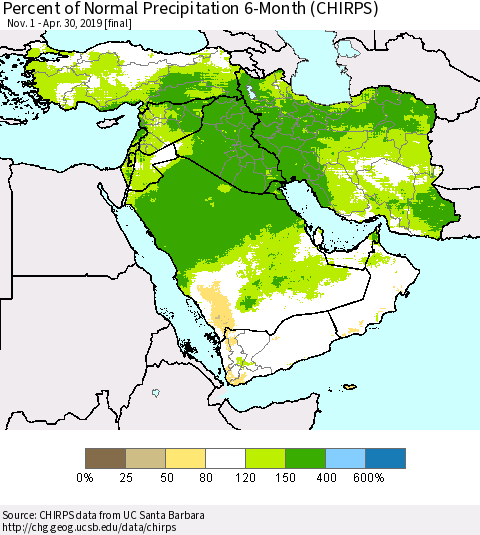 Middle East and Turkey Percent of Normal Precipitation 6-Month (CHIRPS) Thematic Map For 11/1/2018 - 4/30/2019
