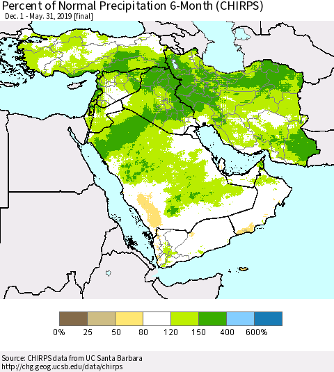 Middle East and Turkey Percent of Normal Precipitation 6-Month (CHIRPS) Thematic Map For 12/1/2018 - 5/31/2019