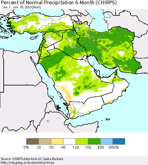 Middle East and Turkey Percent of Normal Precipitation 6-Month (CHIRPS) Thematic Map For 1/1/2019 - 6/30/2019