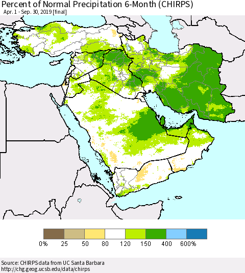 Middle East and Turkey Percent of Normal Precipitation 6-Month (CHIRPS) Thematic Map For 4/1/2019 - 9/30/2019