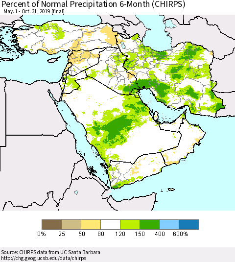 Middle East and Turkey Percent of Normal Precipitation 6-Month (CHIRPS) Thematic Map For 5/1/2019 - 10/31/2019