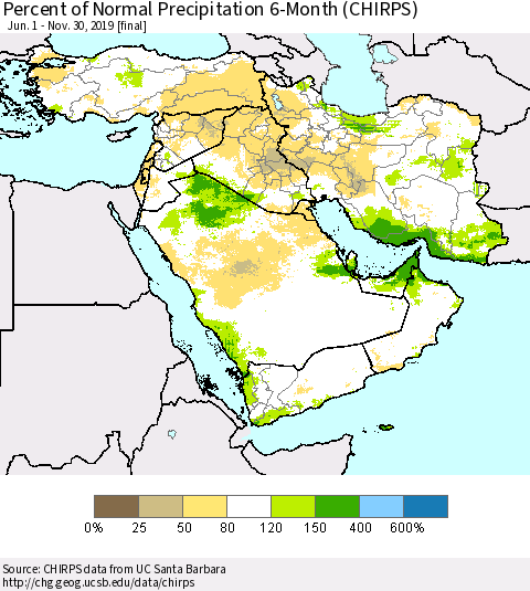 Middle East and Turkey Percent of Normal Precipitation 6-Month (CHIRPS) Thematic Map For 6/1/2019 - 11/30/2019
