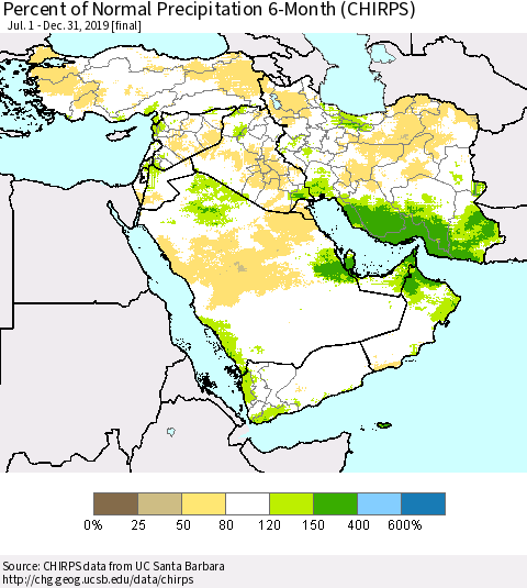 Middle East and Turkey Percent of Normal Precipitation 6-Month (CHIRPS) Thematic Map For 7/1/2019 - 12/31/2019