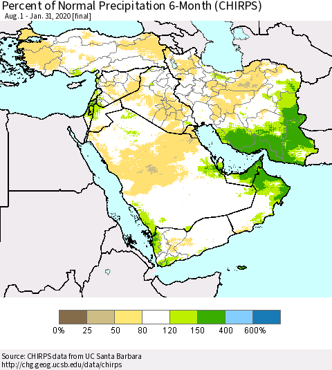 Middle East and Turkey Percent of Normal Precipitation 6-Month (CHIRPS) Thematic Map For 8/1/2019 - 1/31/2020