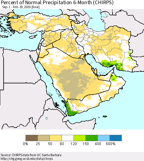 Middle East and Turkey Percent of Normal Precipitation 6-Month (CHIRPS) Thematic Map For 9/1/2019 - 2/29/2020