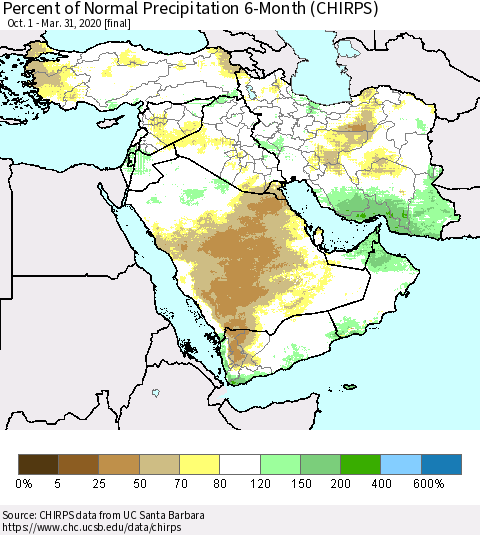 Middle East and Turkey Percent of Normal Precipitation 6-Month (CHIRPS) Thematic Map For 10/1/2019 - 3/31/2020