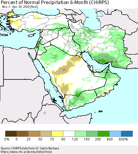 Middle East and Turkey Percent of Normal Precipitation 6-Month (CHIRPS) Thematic Map For 11/1/2019 - 4/30/2020