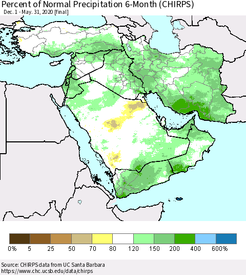 Middle East and Turkey Percent of Normal Precipitation 6-Month (CHIRPS) Thematic Map For 12/1/2019 - 5/31/2020