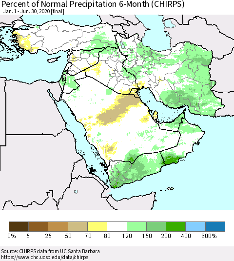 Middle East and Turkey Percent of Normal Precipitation 6-Month (CHIRPS) Thematic Map For 1/1/2020 - 6/30/2020