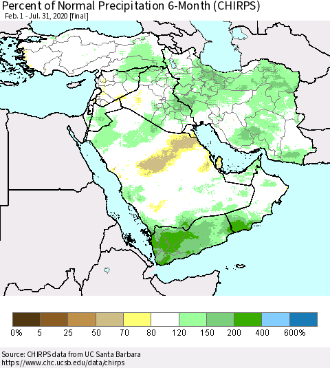 Middle East and Turkey Percent of Normal Precipitation 6-Month (CHIRPS) Thematic Map For 2/1/2020 - 7/31/2020