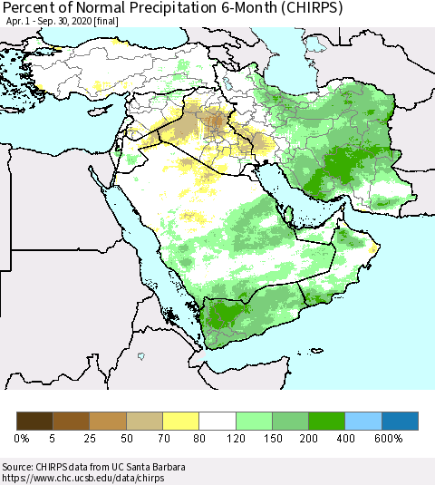 Middle East and Turkey Percent of Normal Precipitation 6-Month (CHIRPS) Thematic Map For 4/1/2020 - 9/30/2020