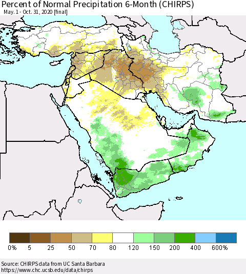 Middle East and Turkey Percent of Normal Precipitation 6-Month (CHIRPS) Thematic Map For 5/1/2020 - 10/31/2020