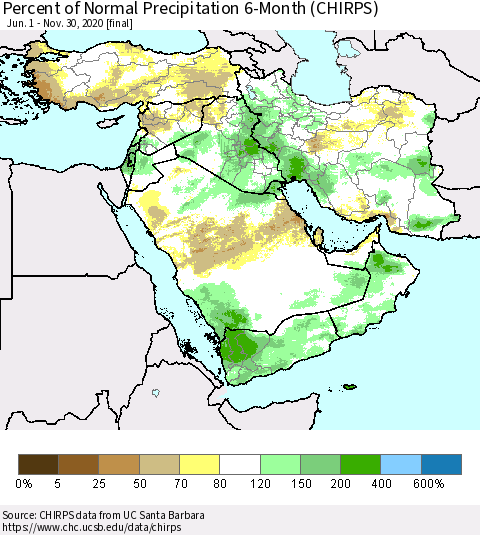 Middle East and Turkey Percent of Normal Precipitation 6-Month (CHIRPS) Thematic Map For 6/1/2020 - 11/30/2020