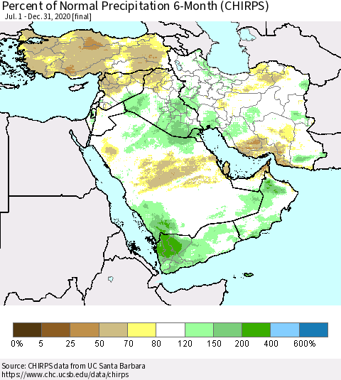Middle East and Turkey Percent of Normal Precipitation 6-Month (CHIRPS) Thematic Map For 7/1/2020 - 12/31/2020