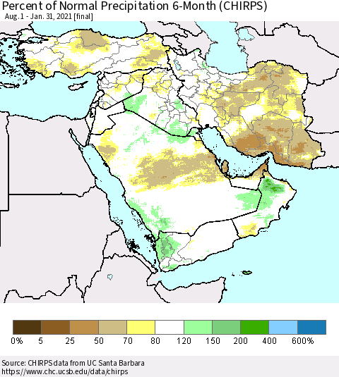 Middle East and Turkey Percent of Normal Precipitation 6-Month (CHIRPS) Thematic Map For 8/1/2020 - 1/31/2021