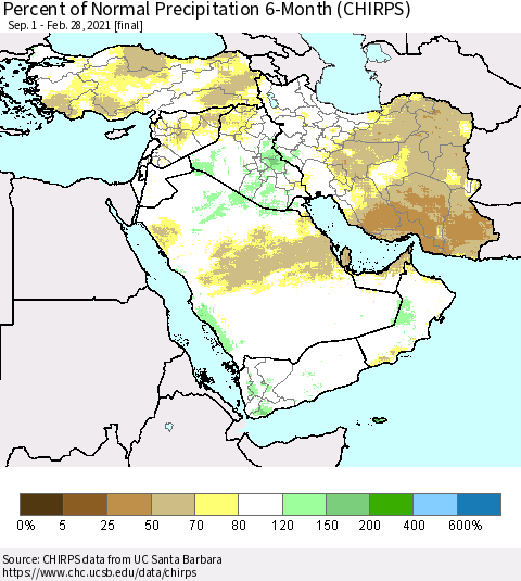 Middle East and Turkey Percent of Normal Precipitation 6-Month (CHIRPS) Thematic Map For 9/1/2020 - 2/28/2021