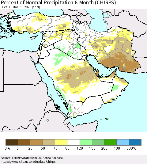 Middle East and Turkey Percent of Normal Precipitation 6-Month (CHIRPS) Thematic Map For 10/1/2020 - 3/31/2021