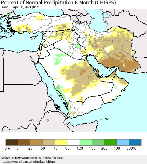 Middle East and Turkey Percent of Normal Precipitation 6-Month (CHIRPS) Thematic Map For 11/1/2020 - 4/30/2021
