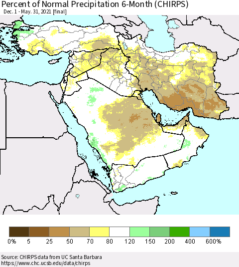Middle East and Turkey Percent of Normal Precipitation 6-Month (CHIRPS) Thematic Map For 12/1/2020 - 5/31/2021