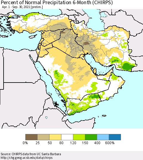 Middle East and Turkey Percent of Normal Precipitation 6-Month (CHIRPS) Thematic Map For 4/1/2021 - 9/30/2021