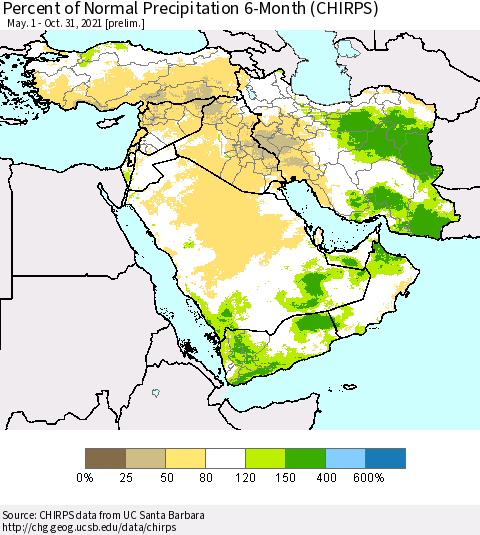 Middle East and Turkey Percent of Normal Precipitation 6-Month (CHIRPS) Thematic Map For 5/1/2021 - 10/31/2021