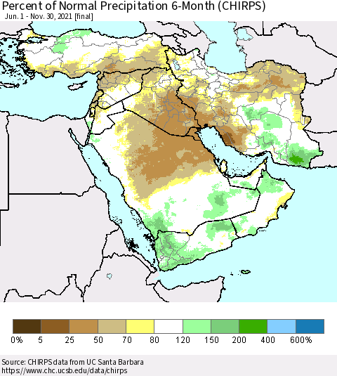 Middle East and Turkey Percent of Normal Precipitation 6-Month (CHIRPS) Thematic Map For 6/1/2021 - 11/30/2021
