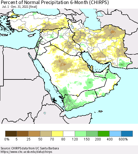 Middle East and Turkey Percent of Normal Precipitation 6-Month (CHIRPS) Thematic Map For 7/1/2021 - 12/31/2021