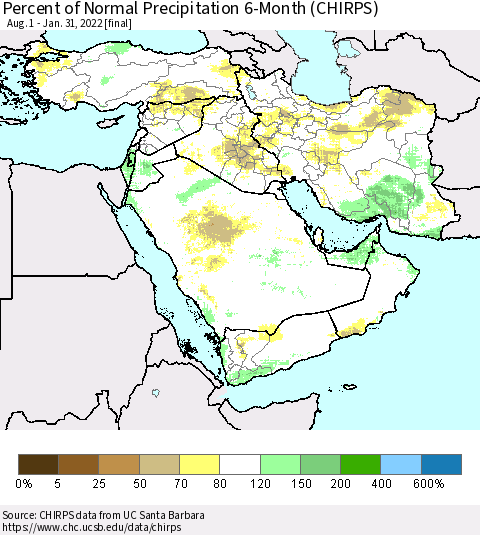 Middle East and Turkey Percent of Normal Precipitation 6-Month (CHIRPS) Thematic Map For 8/1/2021 - 1/31/2022