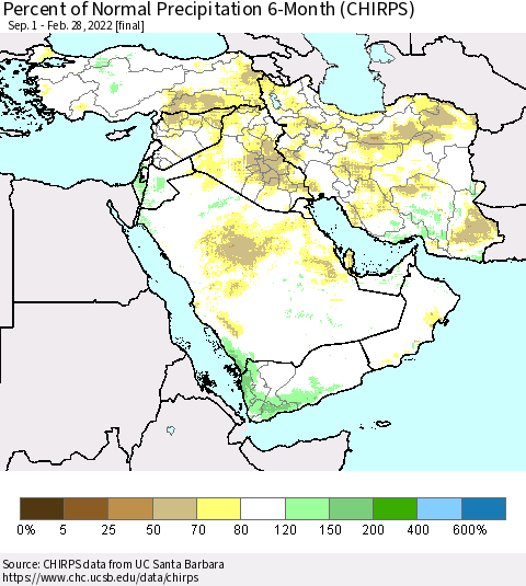 Middle East and Turkey Percent of Normal Precipitation 6-Month (CHIRPS) Thematic Map For 9/1/2021 - 2/28/2022
