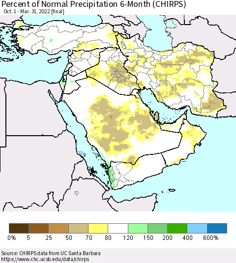 Middle East and Turkey Percent of Normal Precipitation 6-Month (CHIRPS) Thematic Map For 10/1/2021 - 3/31/2022