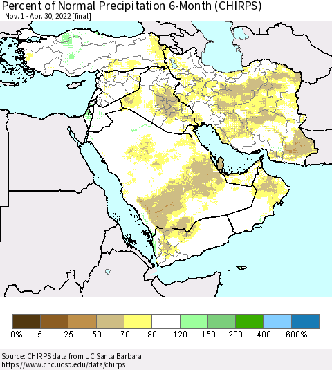Middle East and Turkey Percent of Normal Precipitation 6-Month (CHIRPS) Thematic Map For 11/1/2021 - 4/30/2022