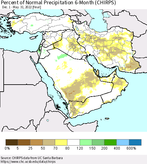 Middle East and Turkey Percent of Normal Precipitation 6-Month (CHIRPS) Thematic Map For 12/1/2021 - 5/31/2022