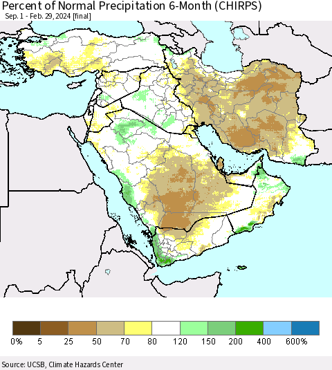 Middle East and Turkey Percent of Normal Precipitation 6-Month (CHIRPS) Thematic Map For 9/1/2023 - 2/29/2024